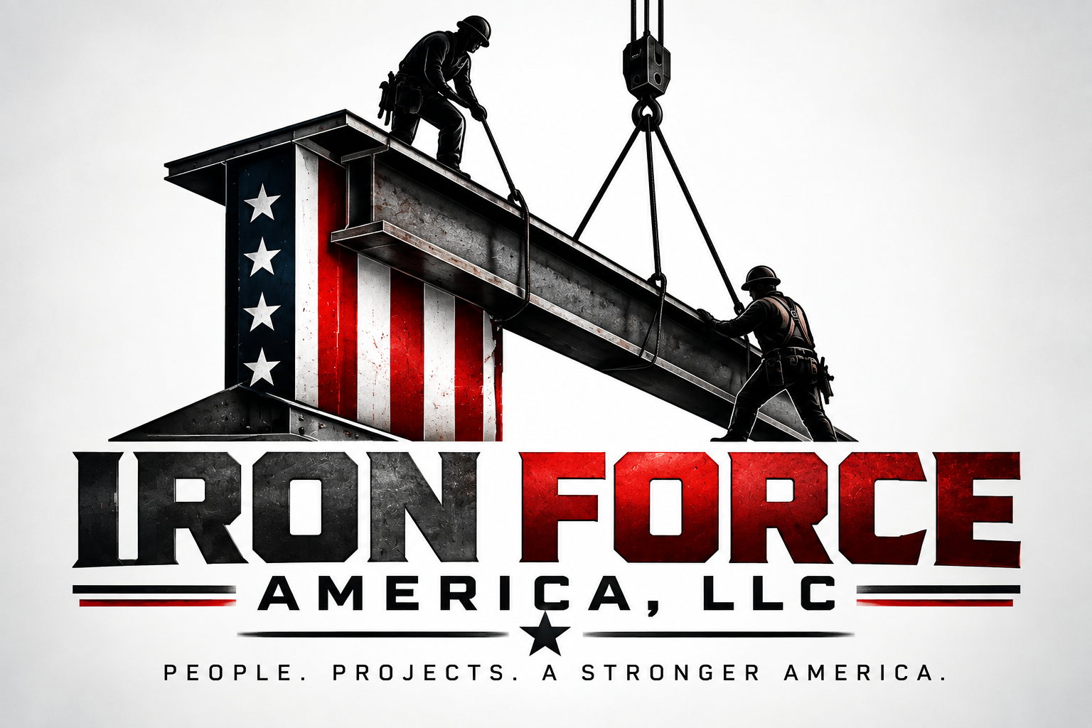 Iron Force America logo featuring two steelworkers, a crane, and an American flag design